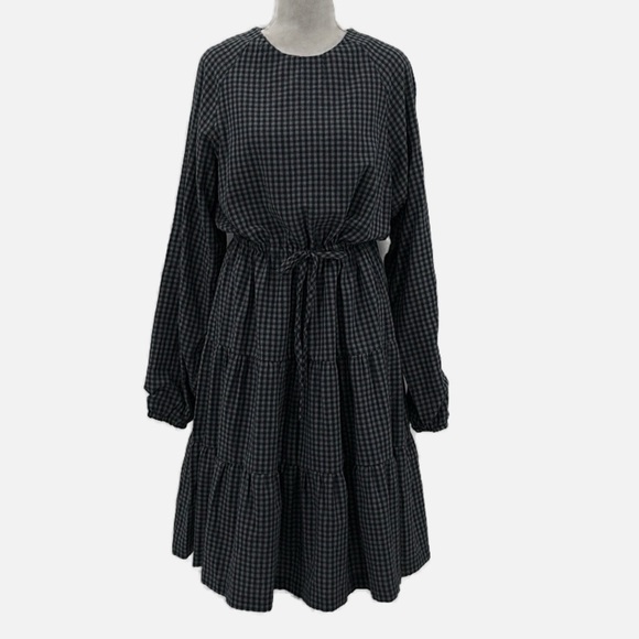 Udel New York Gingham Tiered Skirt Tie Waist Dress in Blue - Size Medium